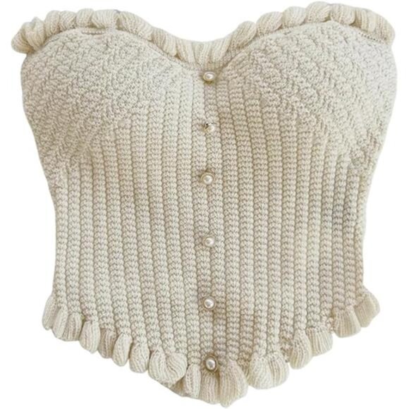✨ Knitted Strapless Crop Top | Ruffle Trim & Pearl Button Detail - Picture 6 of 6